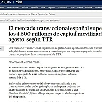 El mercado transaccional espaol supera los 4.600 millones de capital movilizado en agosto, segn TTR